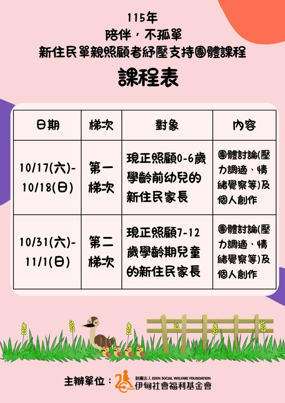 伊甸社會福利基金會辦理「陪伴不孤單－新住民單親照顧者紓壓支持團體課程」歡迎踴躍參加照片